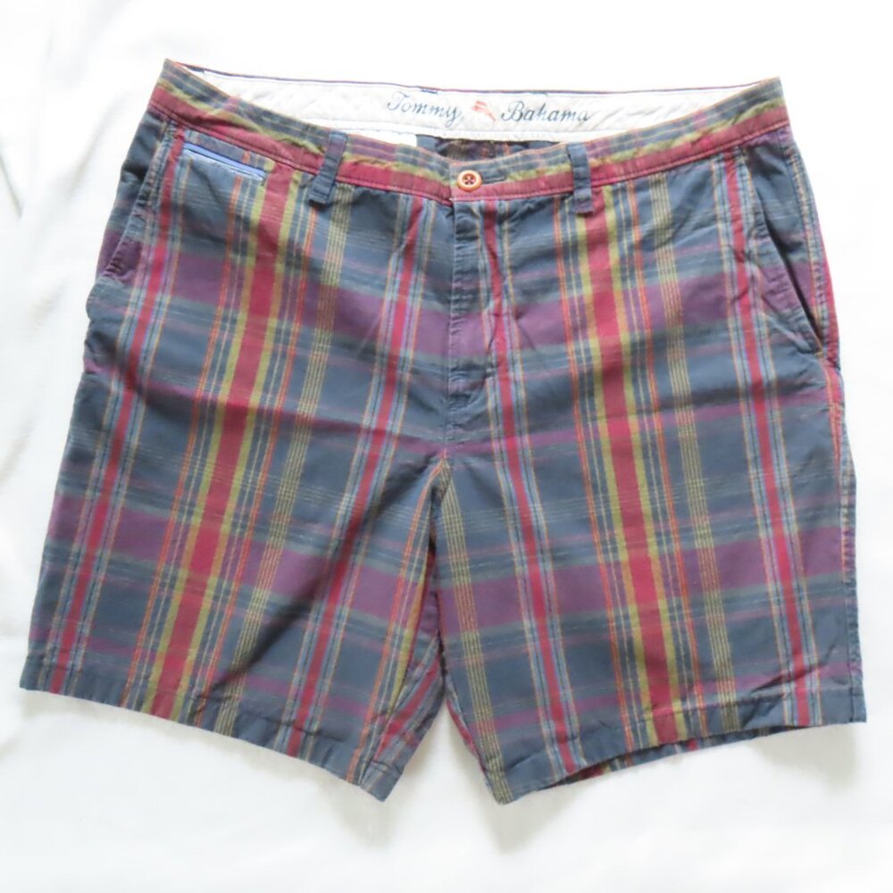 Tommy Bahama Shorts Plaid Cotton Flat Front Shorts 36 Preppy Golf Resort Club